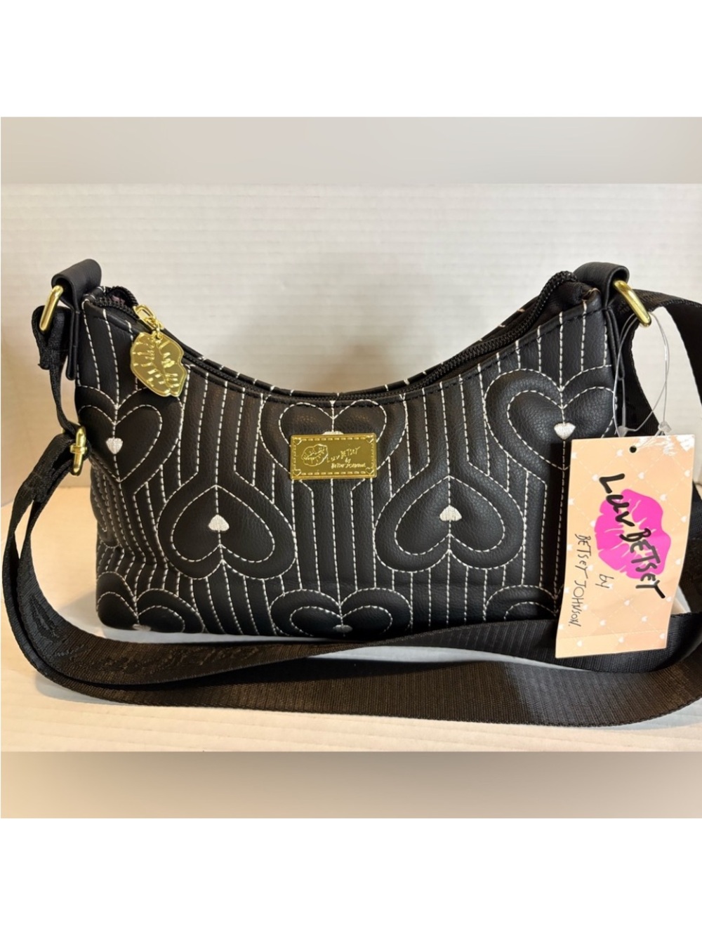 Betsey Johnson Black Quilted Heart Crossbody with Gold Hardware - Picture 2 of 10
